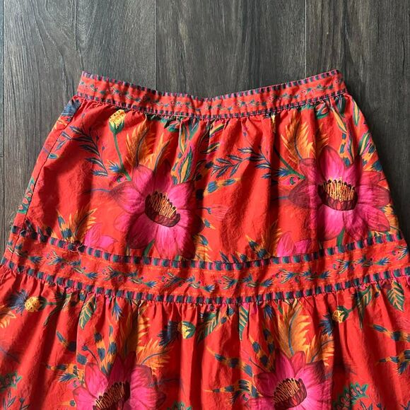 Farm Rio Maxi Skirt Tiered Red Casual Hi Rise Floral Pineapple Plants Size Small - Picture 3 of 6